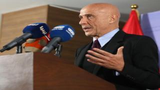 Italian Interior Minister Marco Minniti speaks during a press conference with Foreign Minister of the national reconciliation Libyan government Mohamad Tahar Siala at the Ministry of Foreign Affairs in the Libyan capital, Tripoli, on January 9, 2017. / AFP PHOTO / STR